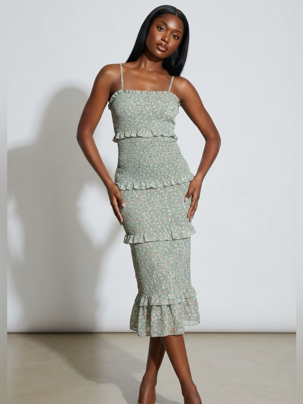 Mable dress, characterized by its smocked bodice and an all-over floral print